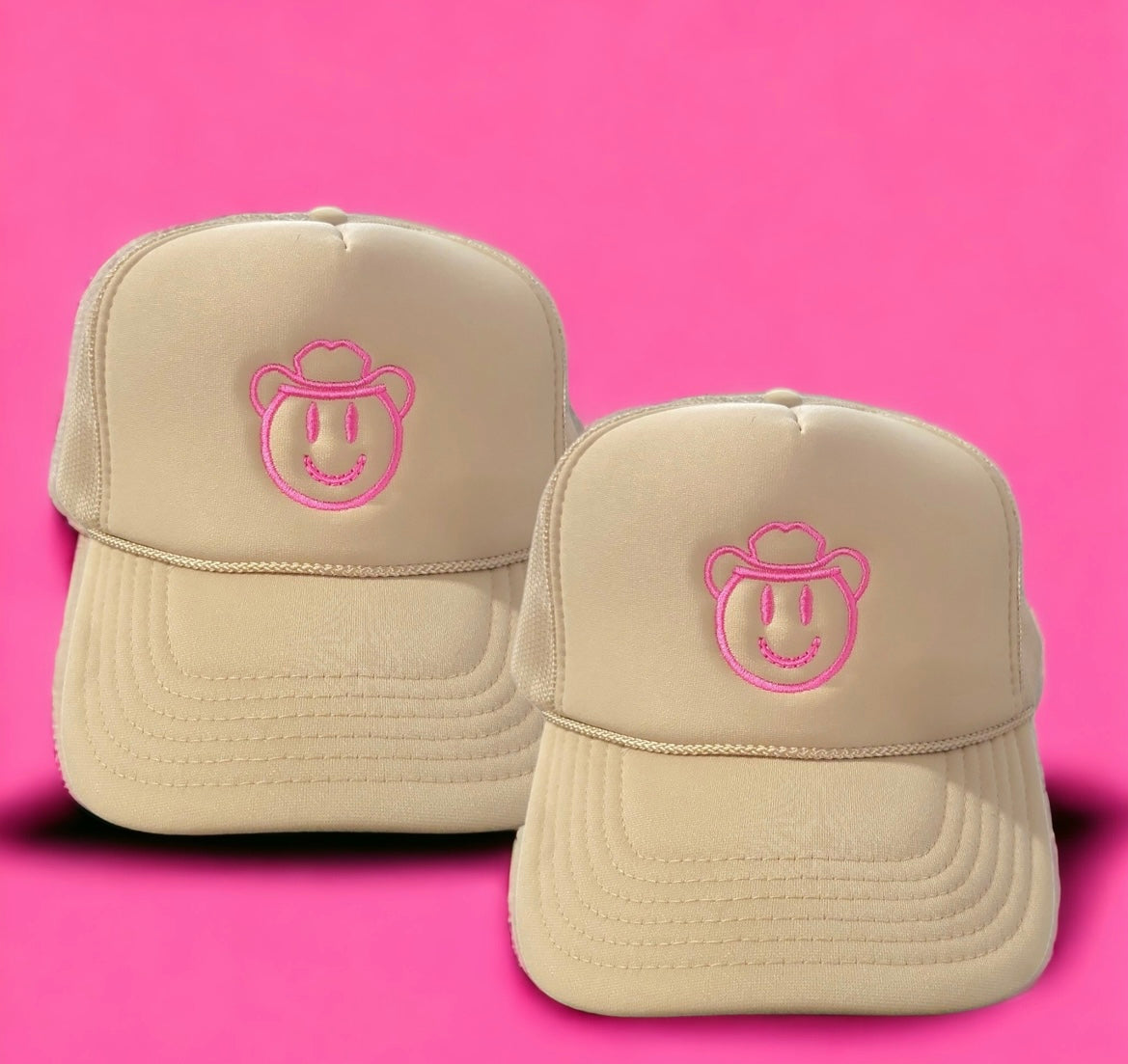 Tan Cowboy Happy Face Trucker Hat