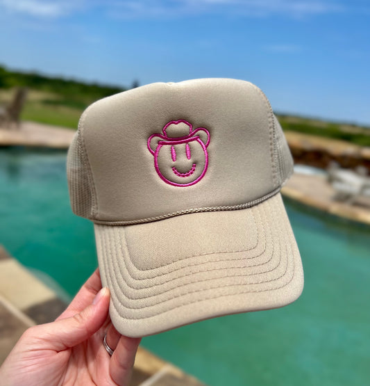Tan Cowboy Happy Face Trucker Hat