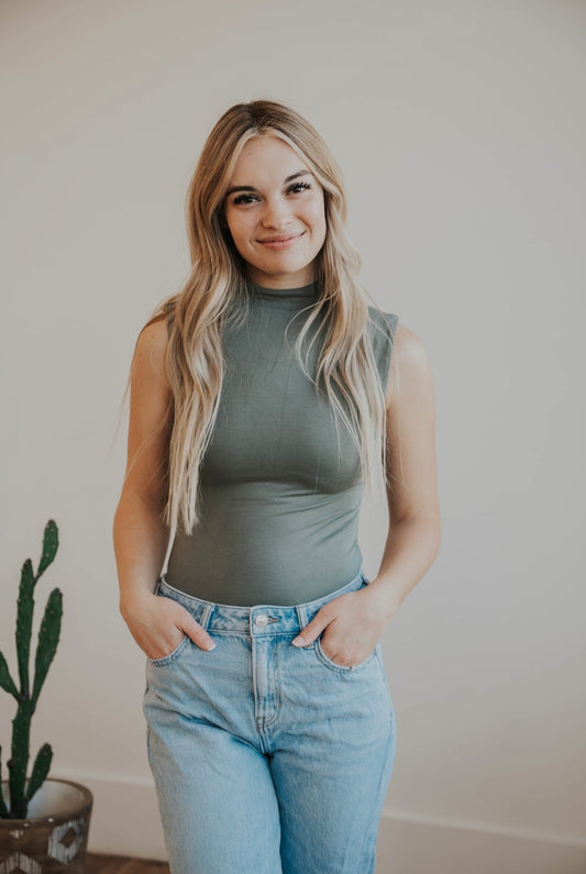 The Mock Neck Bodysuit In Sage